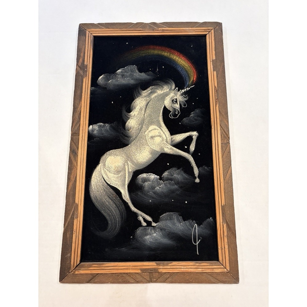 Vintage Wood Framed 22.25" x 13.25" Velvet Painting Rainbow UNICORN by J Mexico